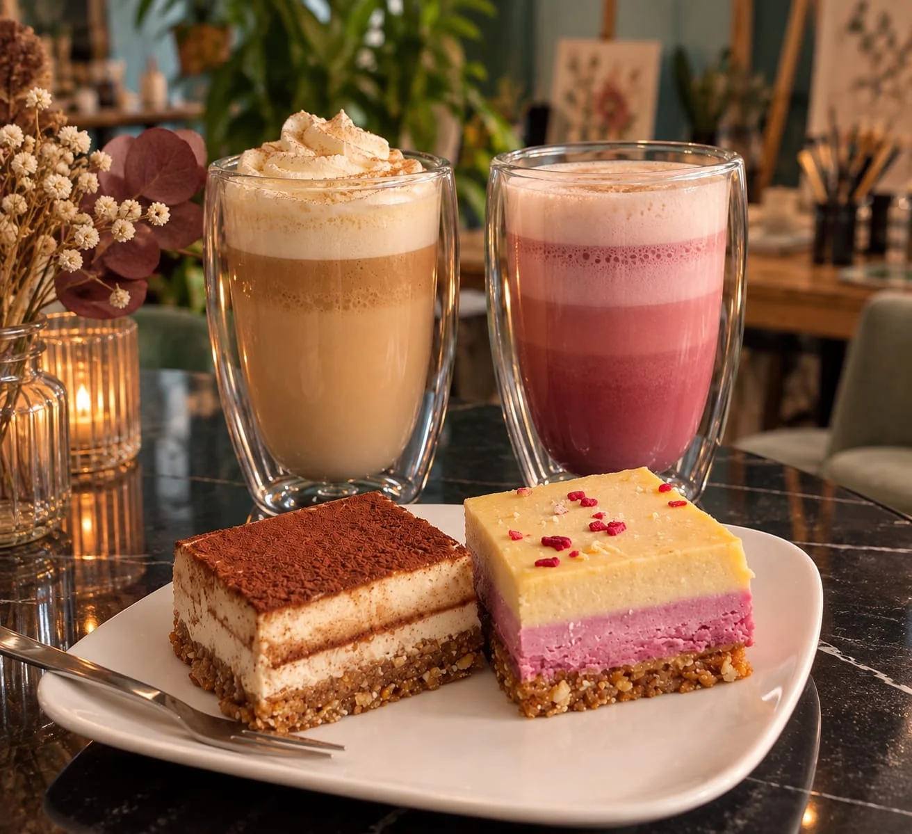 A Fleur de Peau Café - Latte-Gläser mit Kuchen